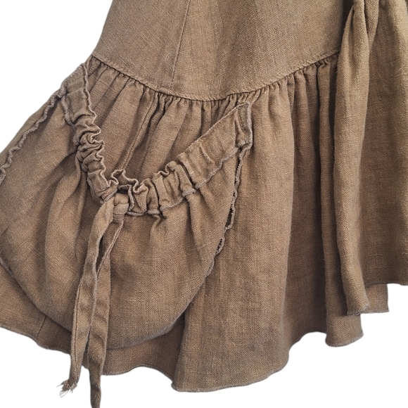 100% Linen Heart's Desire by Mary Grace L Tan Strap Ruffle Dress w Pockets - Picture 5 of 9